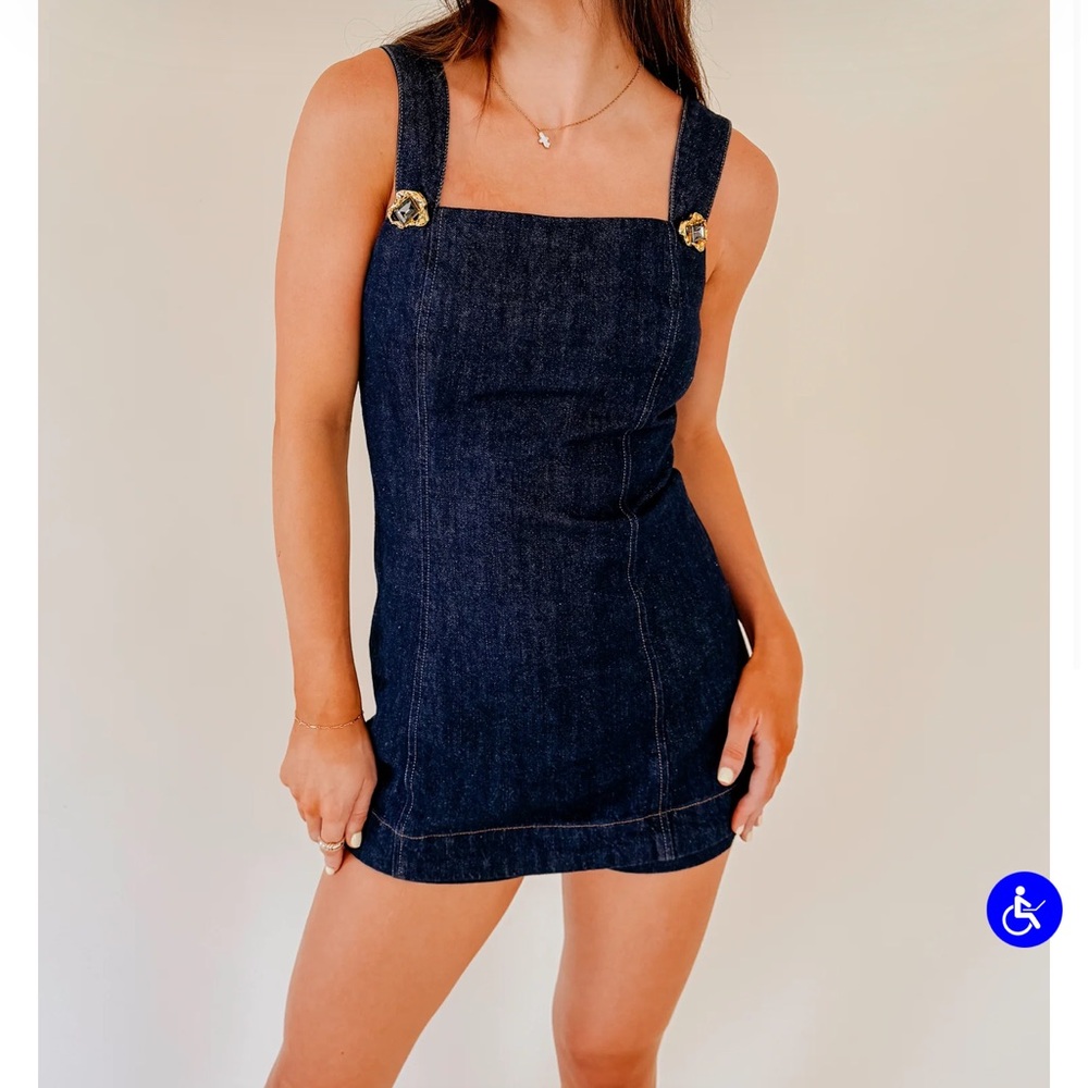 Line & Dot Dark Denim Romper with Gold Buckles